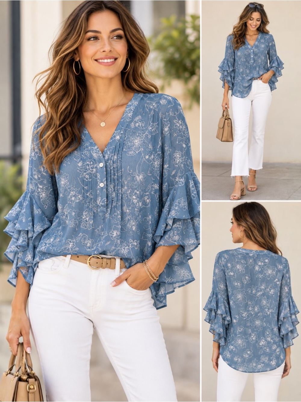 Vince Camuto M Canyon Blue Floral Pintuck Ruffle Flutter Sleeve Blouse NWT